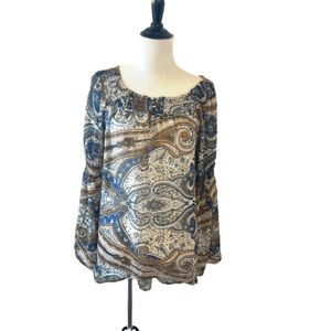Blu Pepper Paisley Print Sheer High-Low Long Sleeve Blouse